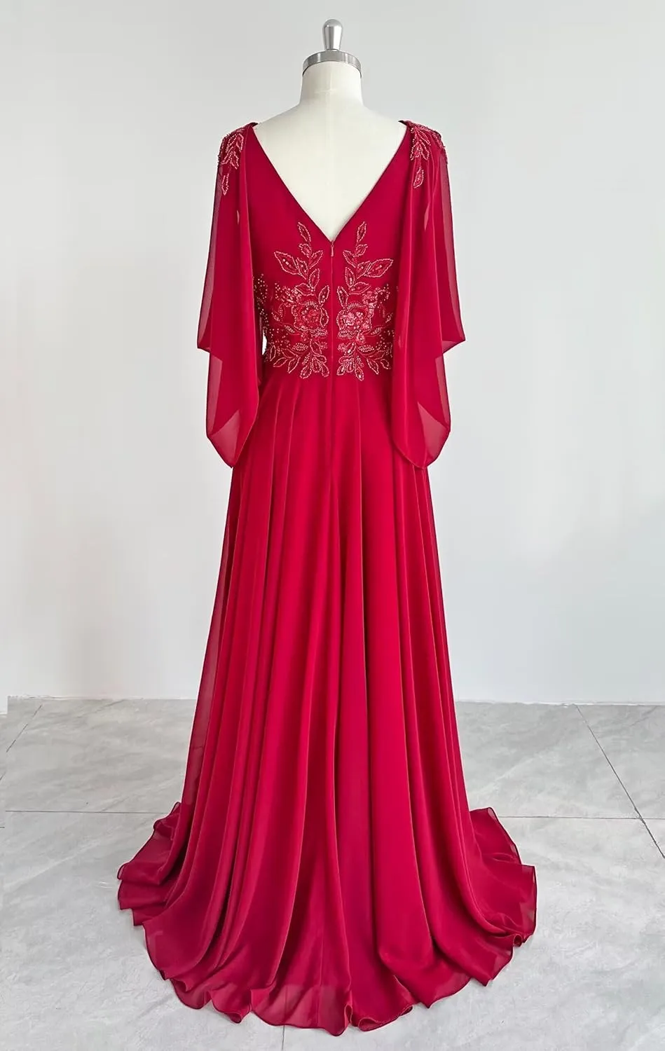 Lace Chiffon Mother of The Bride Dresses 2025 with Slit Sequin Beaded Formal Dresses V Neck Evening Gown with Cape Sleeve