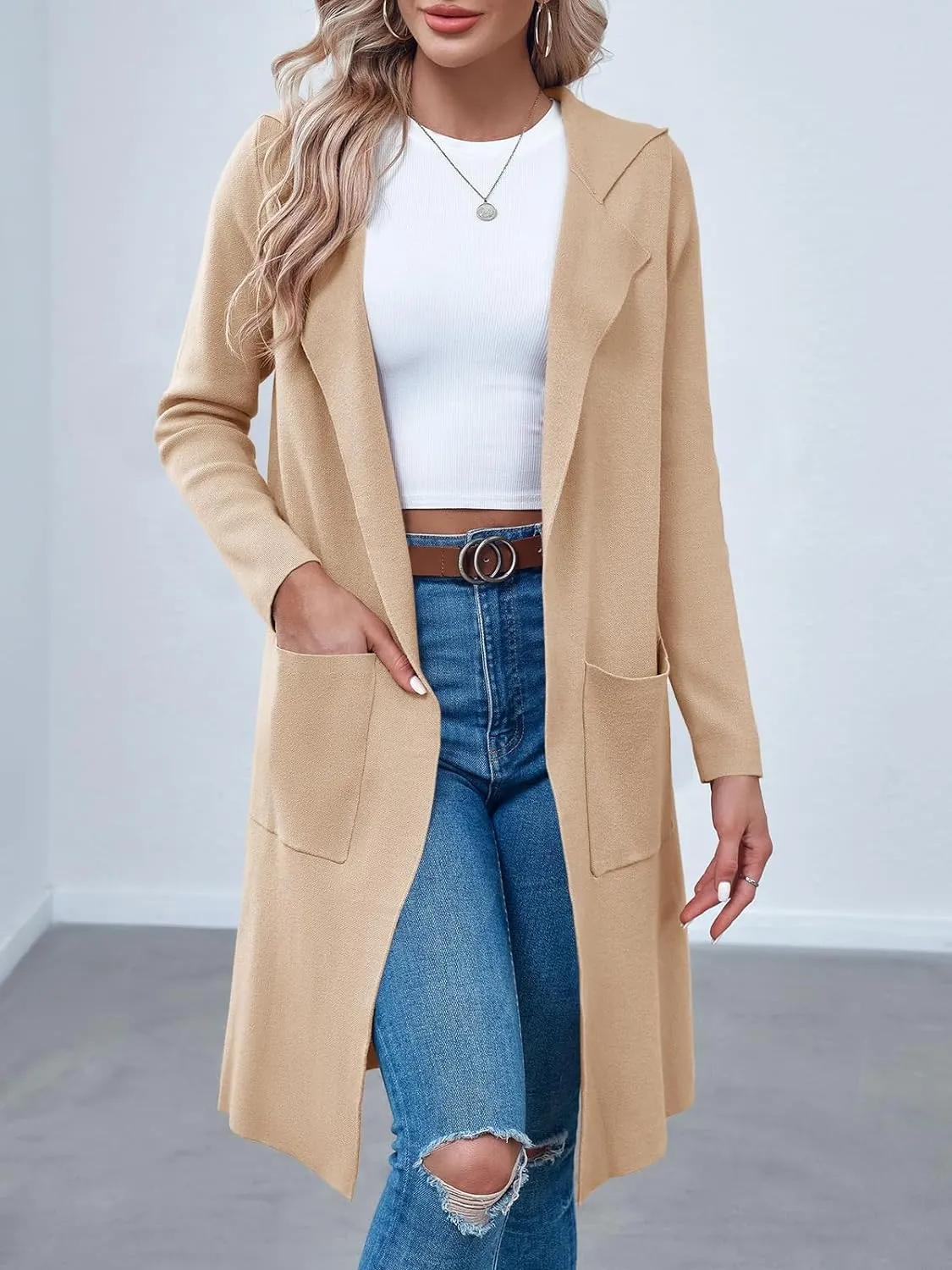 Langwyqu Womens Open Front Cardigans Hoodie Long Sleeve Casual Cozy Knit Coats Outwear Sweaters with Pockets