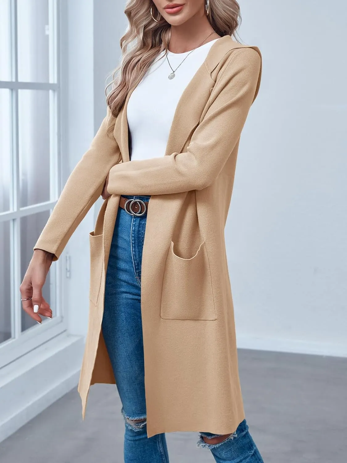 Langwyqu Womens Open Front Cardigans Hoodie Long Sleeve Casual Cozy Knit Coats Outwear Sweaters with Pockets