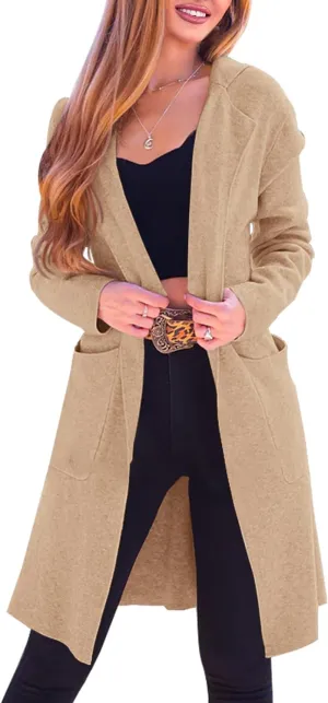 Langwyqu Womens Open Front Cardigans Hoodie Long Sleeve Casual Cozy Knit Coats Outwear Sweaters with Pockets