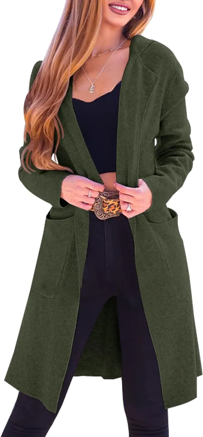 Langwyqu Womens Open Front Cardigans Hoodie Long Sleeve Casual Cozy Knit Coats Outwear Sweaters with Pockets