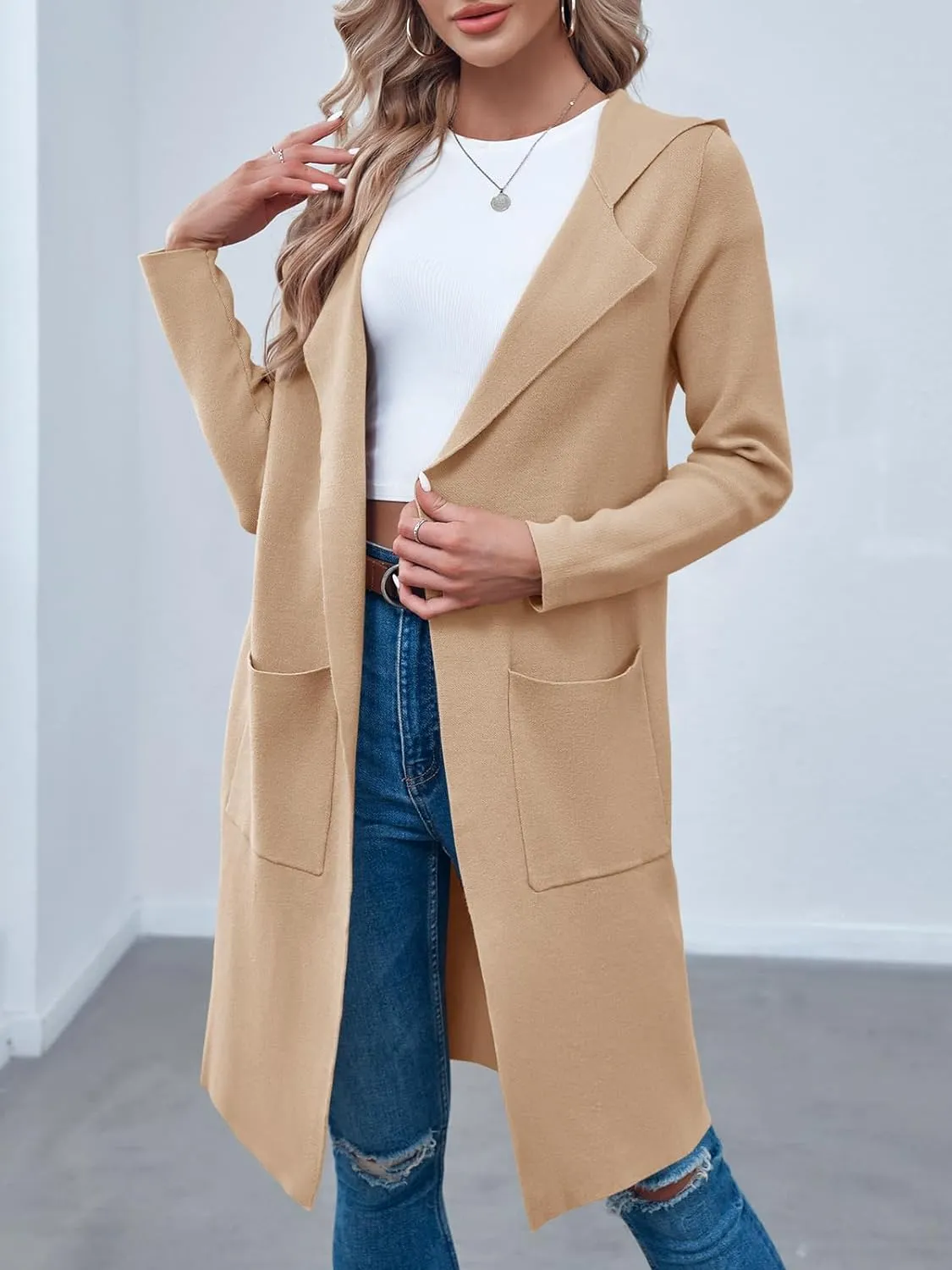 Langwyqu Womens Open Front Cardigans Hoodie Long Sleeve Casual Cozy Knit Coats Outwear Sweaters with Pockets