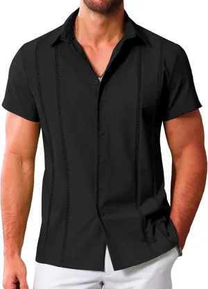 LETSEE Men's Cuban Guayabera Shirt Short Sleeve Casual Button Down Shirts Summer Beach Linen Shirts