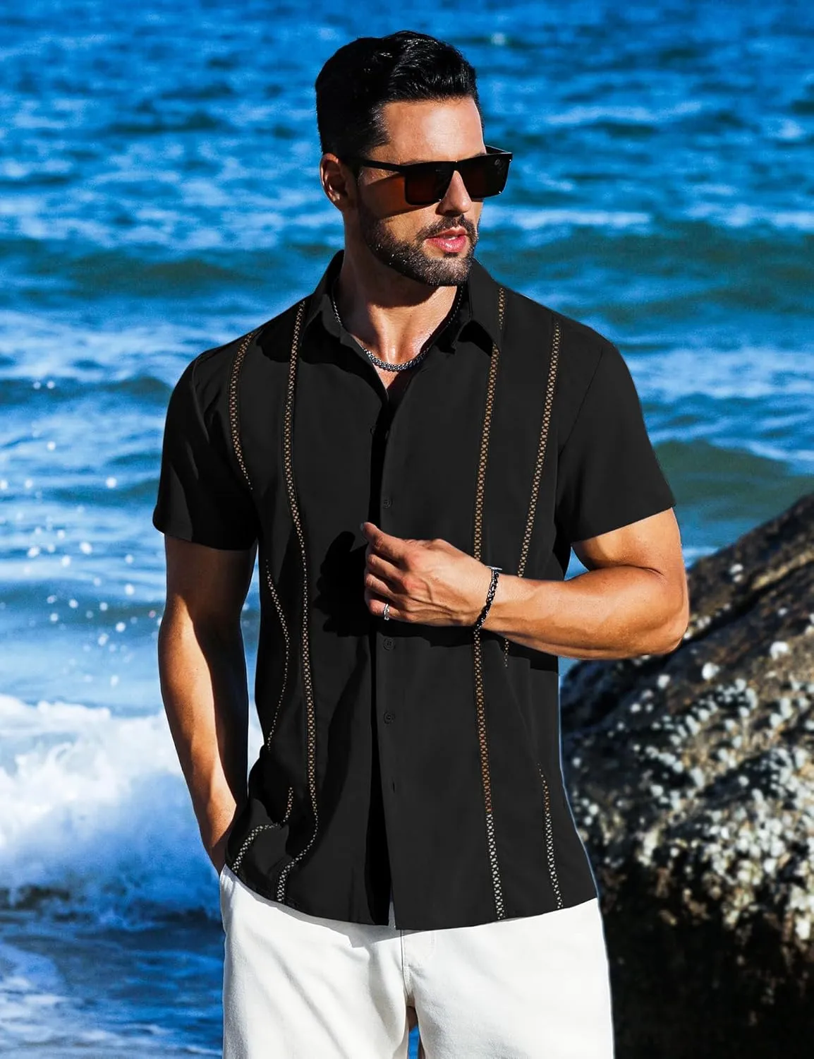 LETSEE Men's Cuban Guayabera Shirt Short Sleeve Casual Button Down Shirts Summer Beach Linen Shirts