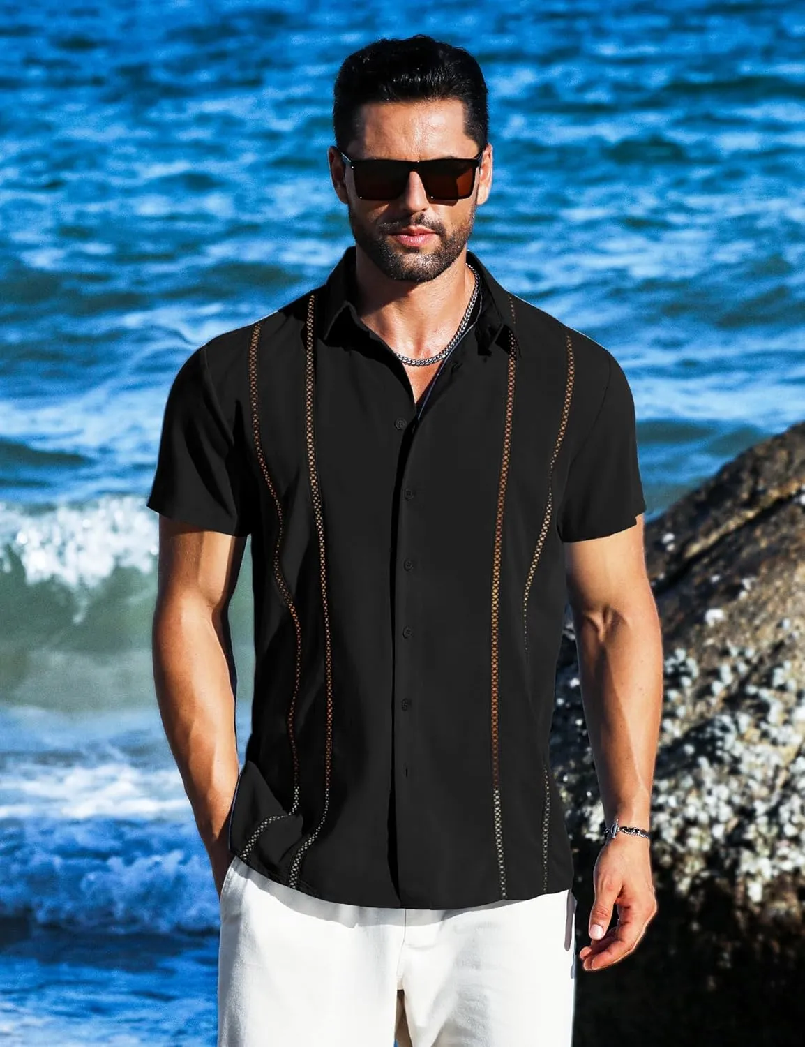 LETSEE Men's Cuban Guayabera Shirt Short Sleeve Casual Button Down Shirts Summer Beach Linen Shirts