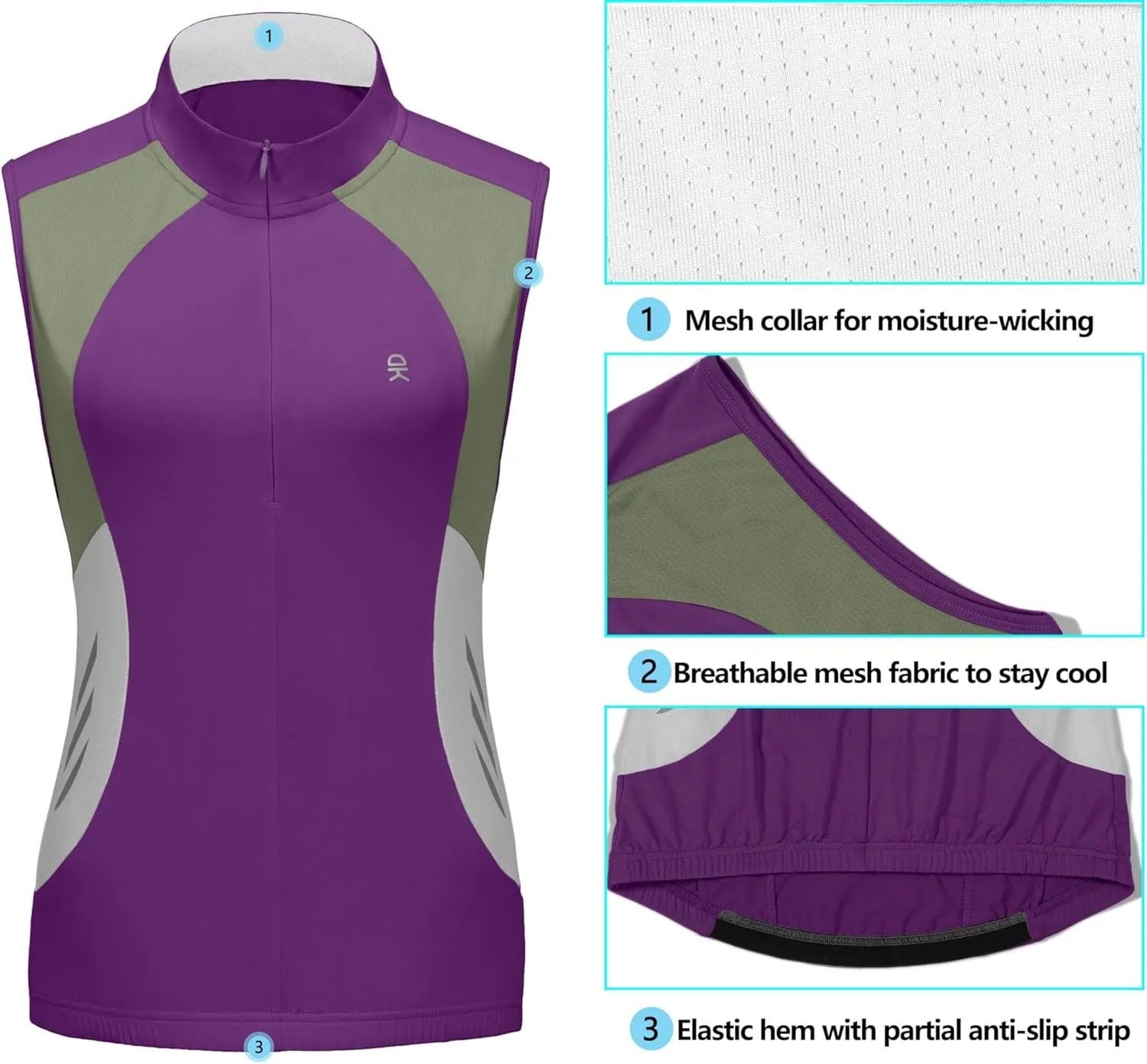 Little Donkey Andy Women's Half Zip Breathable Cycling Vests Reflective Sleeveless Jerseys Shirts Golf 4 Rear Pockets
