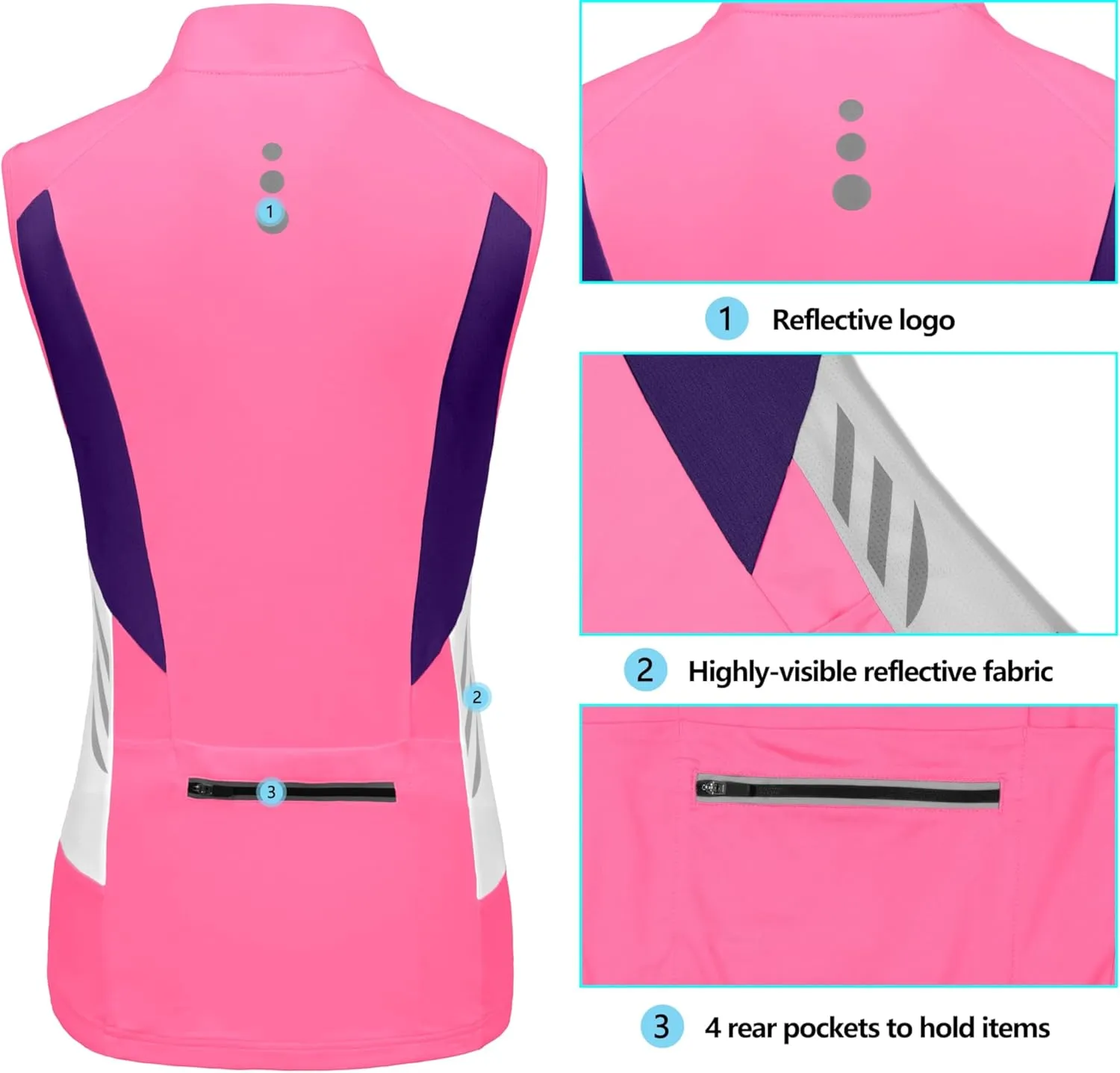 Little Donkey Andy Women's Half Zip Breathable Cycling Vests Reflective Sleeveless Jerseys Shirts Golf 4 Rear Pockets