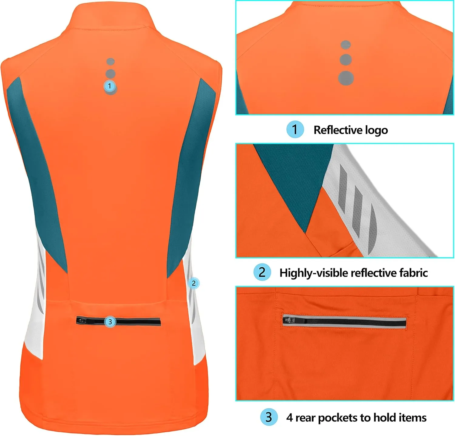 Little Donkey Andy Women's Half Zip Breathable Cycling Vests Reflective Sleeveless Jerseys Shirts Golf 4 Rear Pockets