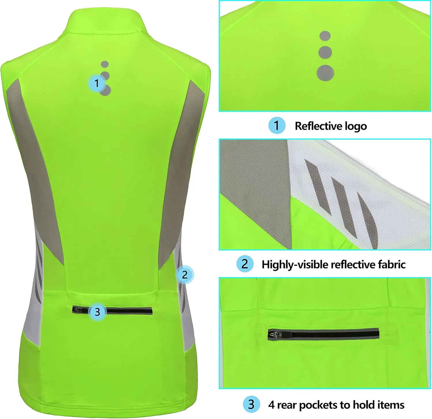 Little Donkey Andy Women's Half Zip Breathable Cycling Vests Reflective Sleeveless Jerseys Shirts Golf 4 Rear Pockets