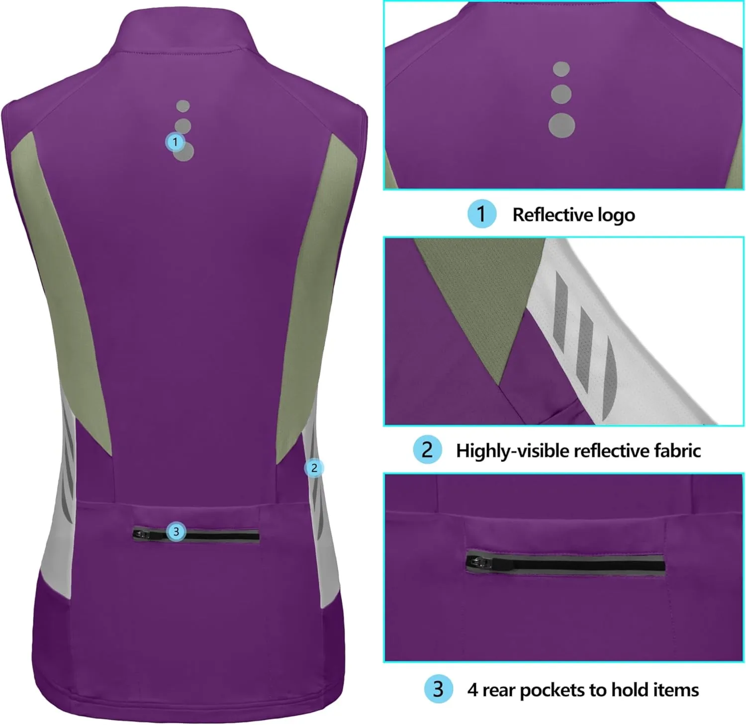 Little Donkey Andy Women's Half Zip Breathable Cycling Vests Reflective Sleeveless Jerseys Shirts Golf 4 Rear Pockets