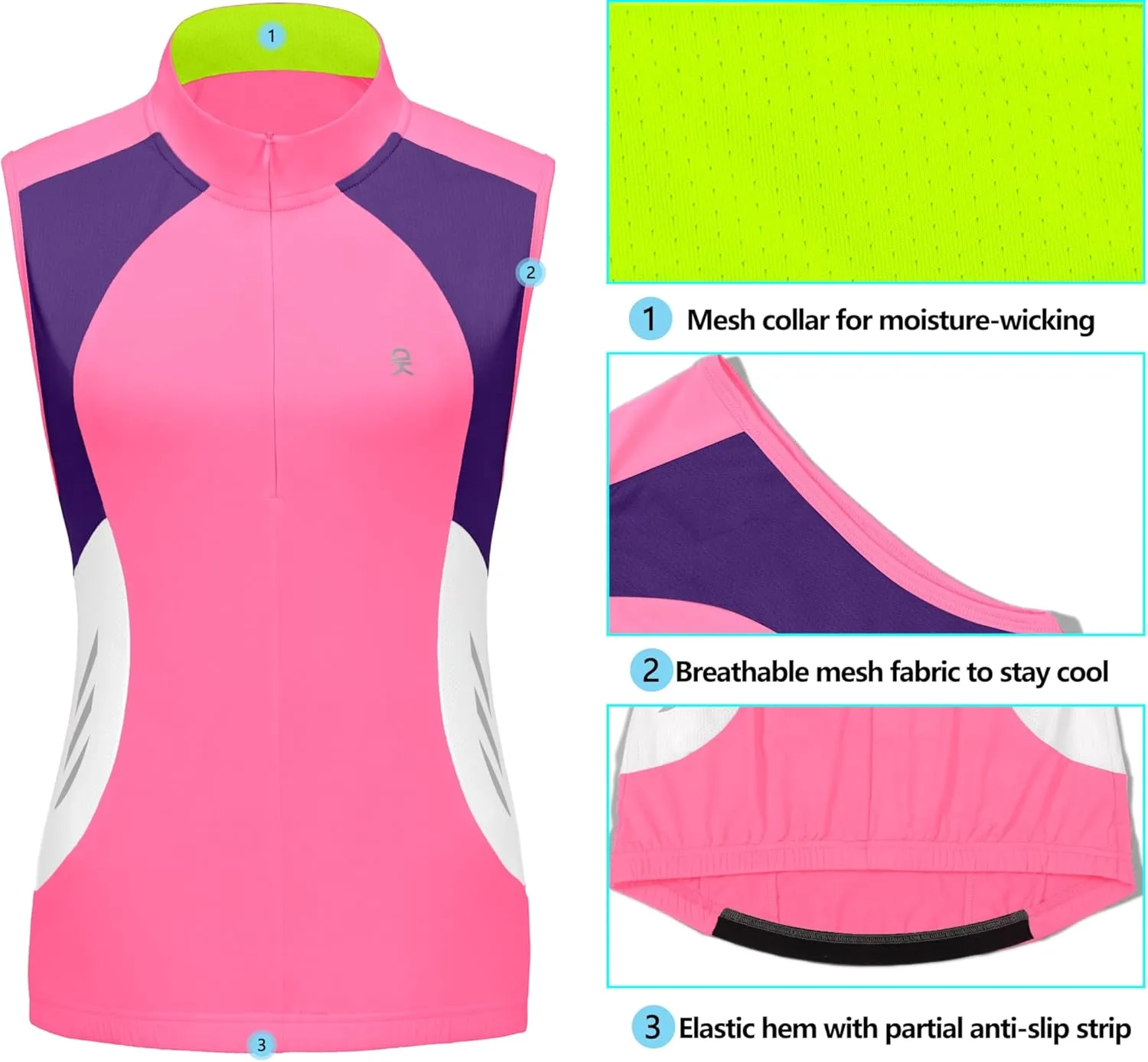 Little Donkey Andy Women's Half Zip Breathable Cycling Vests Reflective Sleeveless Jerseys Shirts Golf 4 Rear Pockets