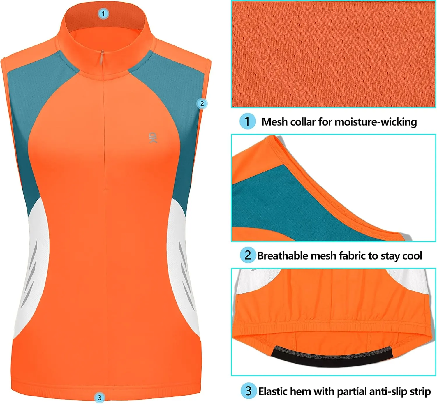 Little Donkey Andy Women's Half Zip Breathable Cycling Vests Reflective Sleeveless Jerseys Shirts Golf 4 Rear Pockets