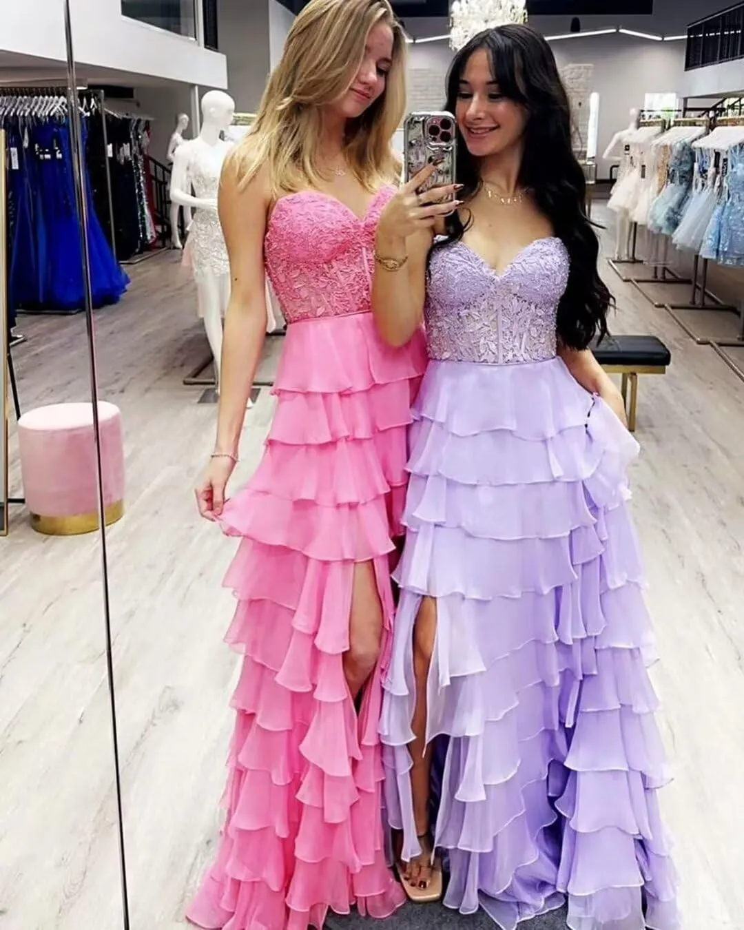 Long Laces Prom Dress with Slit Strapless Formal Evening Dresses 2024 Tiered Ball Gowns for Women Party Gowns Chiffon