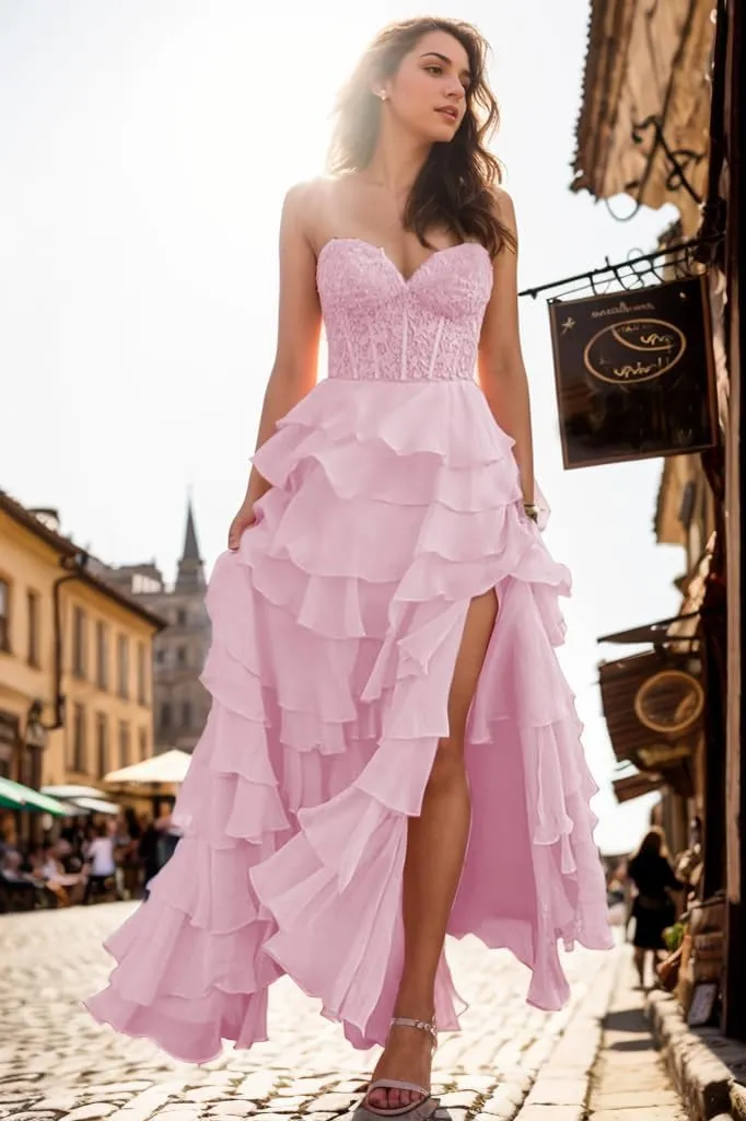 Long Laces Prom Dress with Slit Strapless Formal Evening Dresses 2024 Tiered Ball Gowns for Women Party Gowns Chiffon