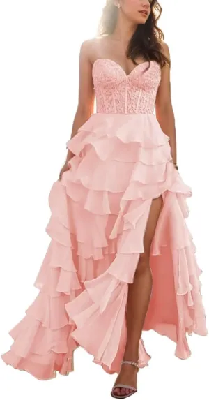 Long Laces Prom Dress with Slit Strapless Formal Evening Dresses 2024 Tiered Ball Gowns for Women Party Gowns Chiffon