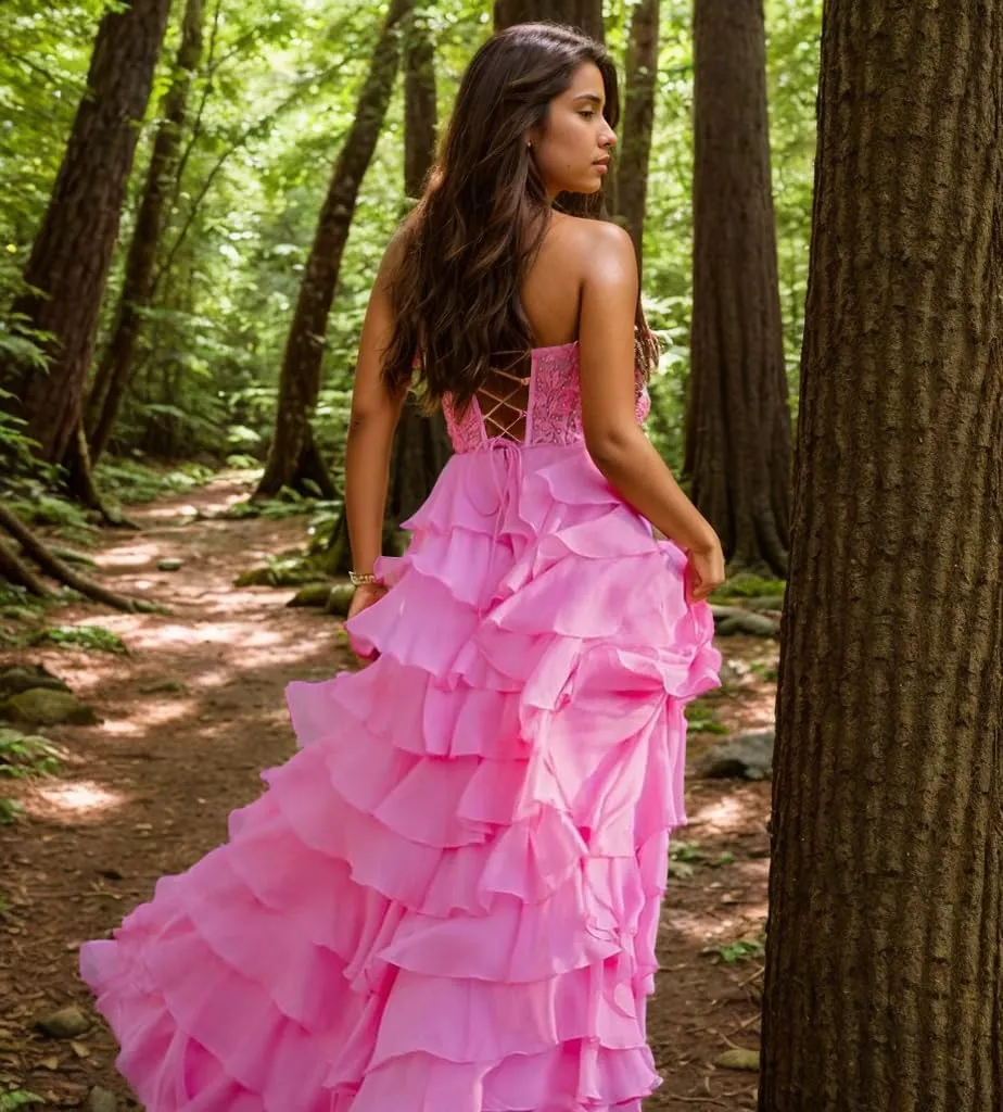 Long Laces Prom Dress with Slit Strapless Formal Evening Dresses 2024 Tiered Ball Gowns for Women Party Gowns Chiffon