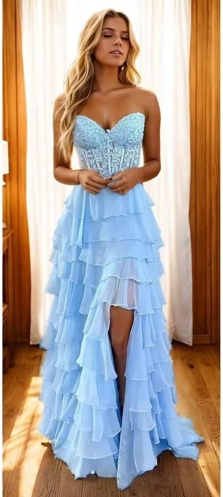 Long Laces Prom Dress with Slit Strapless Formal Evening Dresses 2024 Tiered Ball Gowns for Women Party Gowns Chiffon