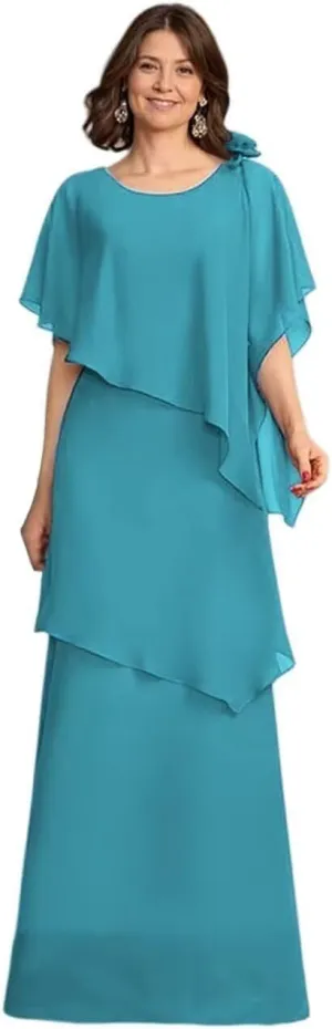 Long Mother of The Bride Dresses with Sleeves Chiffon Tiered A Line Formal Evening Dresses JH021