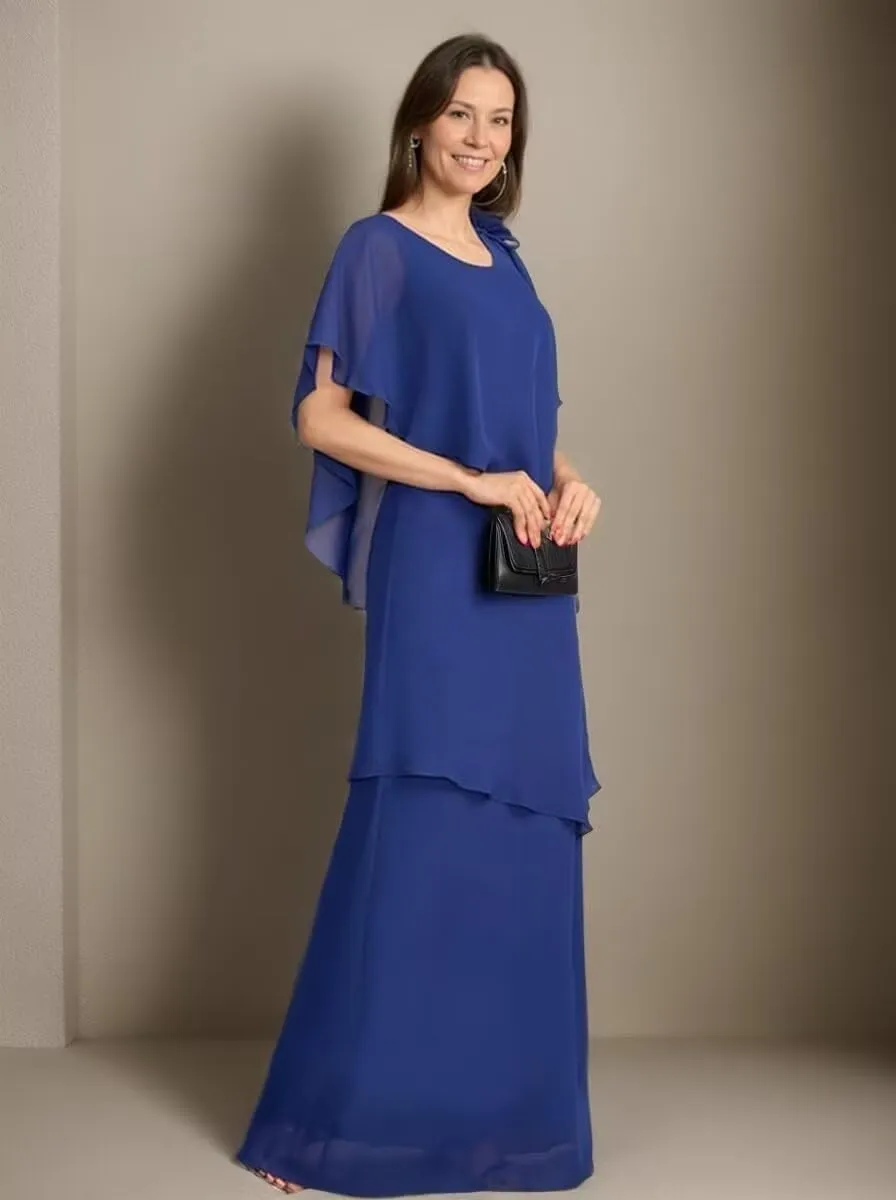 Long Mother of The Bride Dresses with Sleeves Chiffon Tiered A Line Formal Evening Dresses JH021