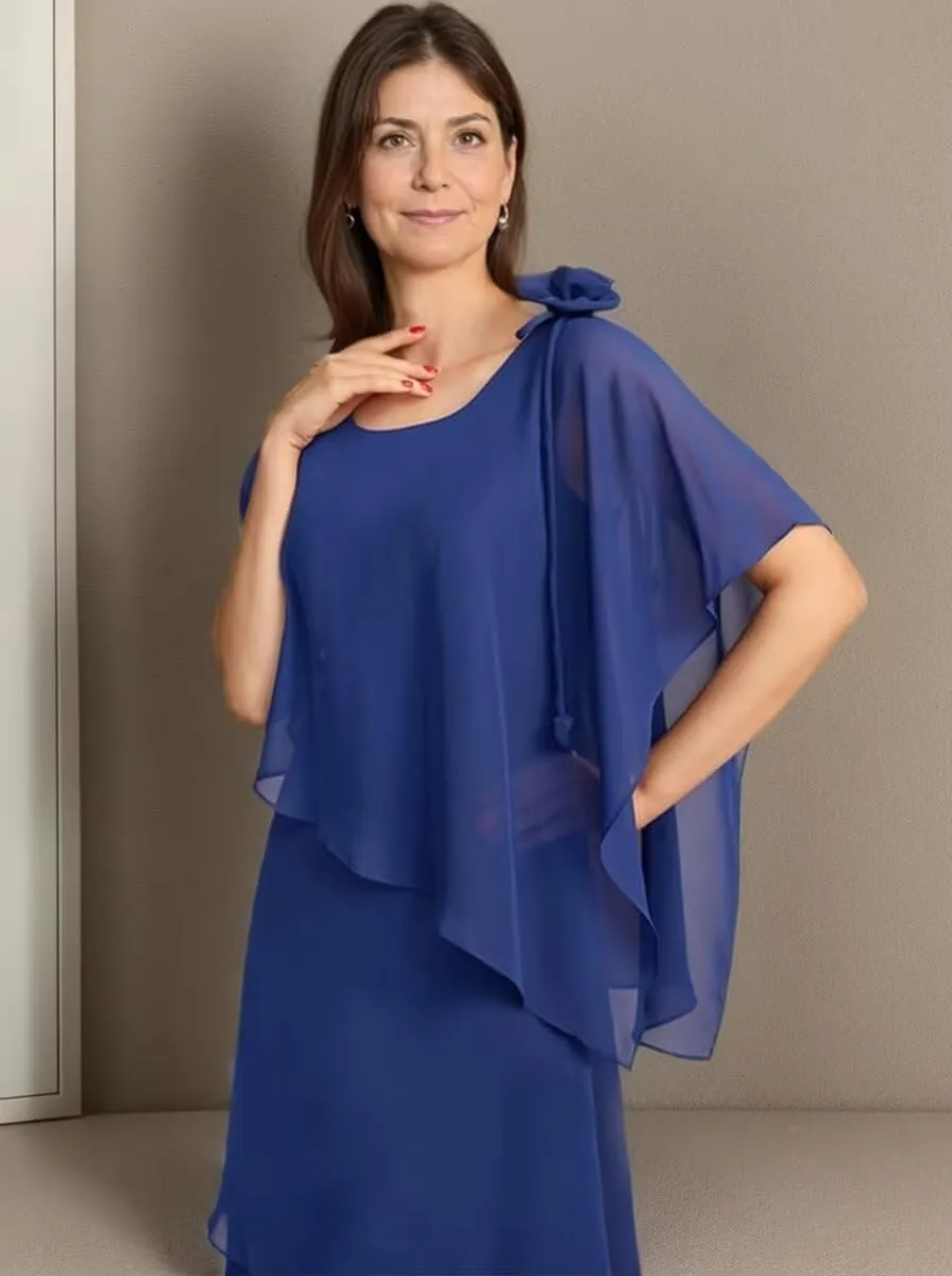 Long Mother of The Bride Dresses with Sleeves Chiffon Tiered A Line Formal Evening Dresses JH021