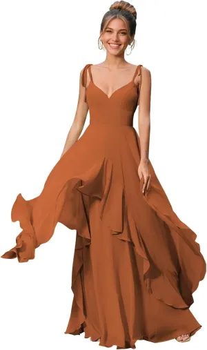 Long Puffy Tiered A Line Bridesmaid Dresses for Women Adjustable Straps Chiffon Formal Evening Party Gowns