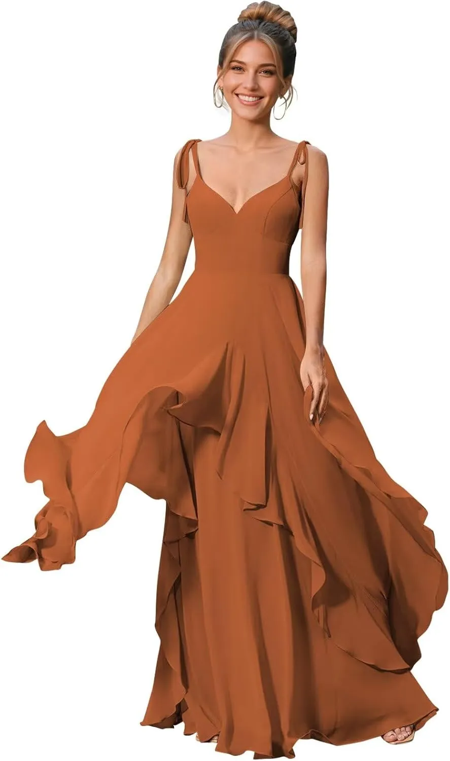 Long Puffy Tiered A Line Bridesmaid Dresses for Women Adjustable Straps Chiffon Formal Evening Party Gowns