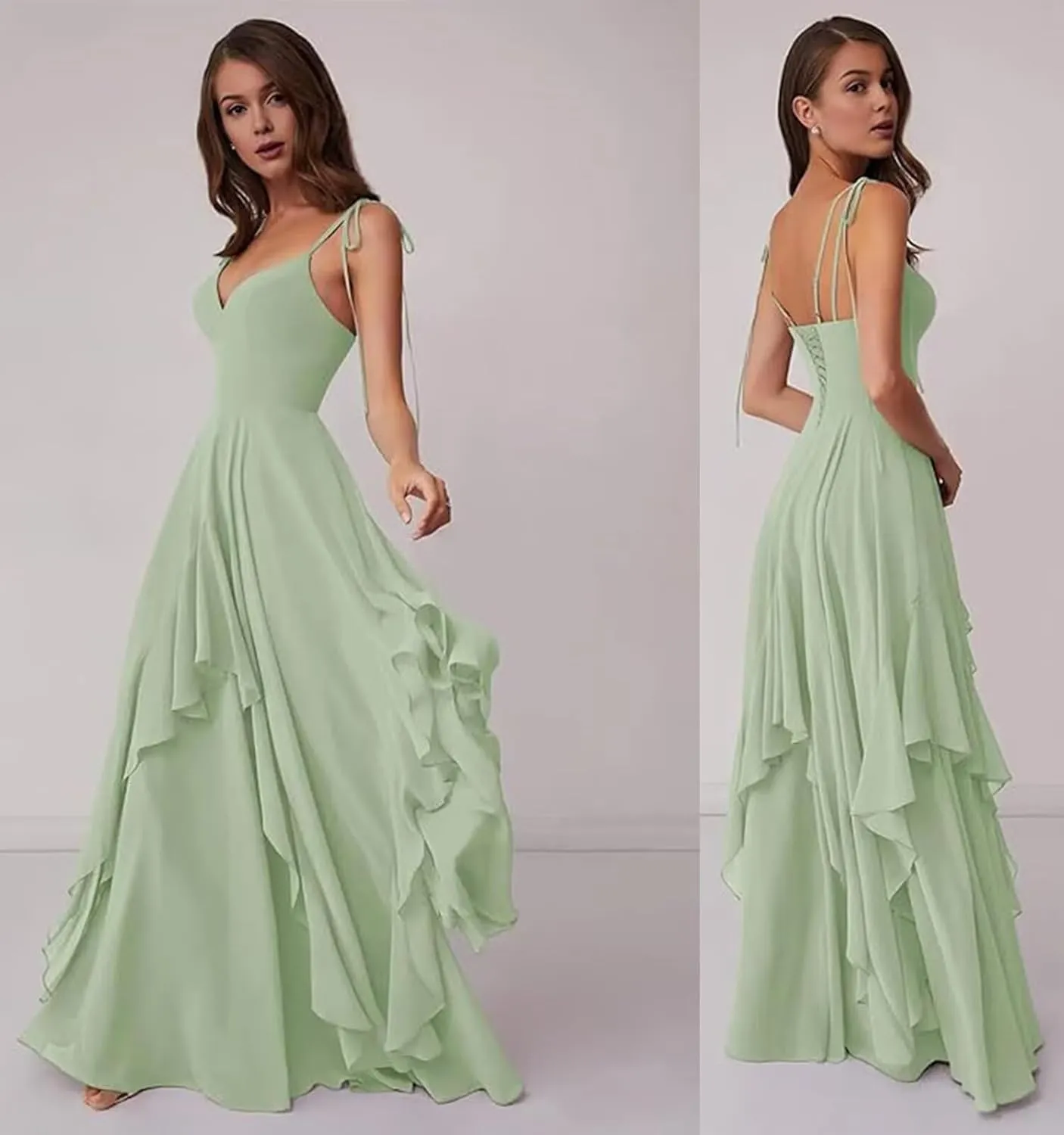 Long Puffy Tiered A Line Bridesmaid Dresses for Women Adjustable Straps Chiffon Formal Evening Party Gowns
