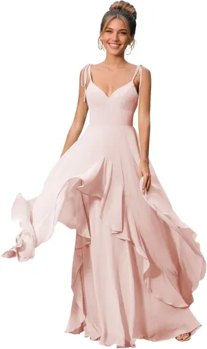 Long Puffy Tiered A Line Bridesmaid Dresses for Women Adjustable Straps Chiffon Formal Evening Party Gowns