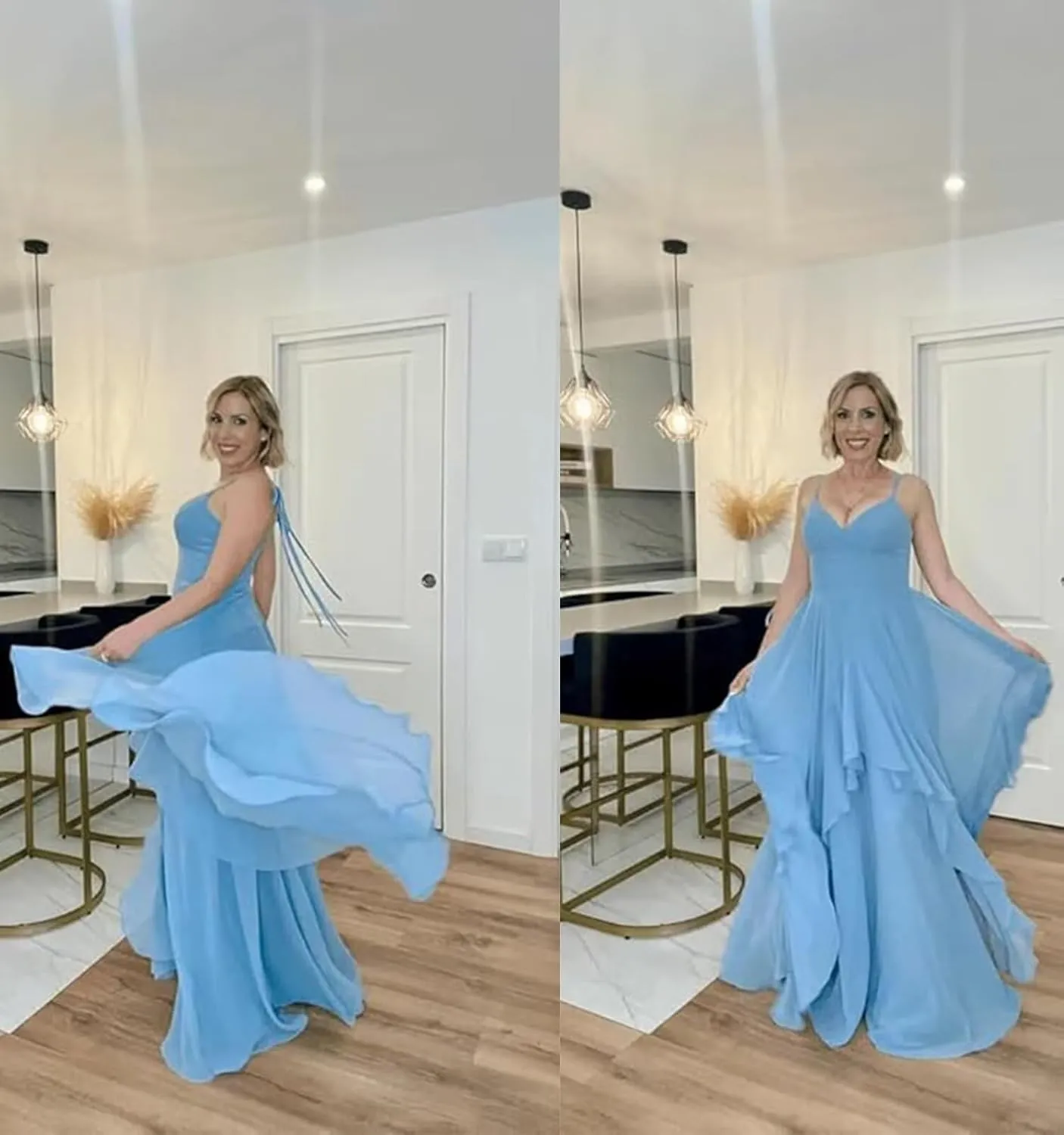 Long Puffy Tiered A Line Bridesmaid Dresses for Women Adjustable Straps Chiffon Formal Evening Party Gowns