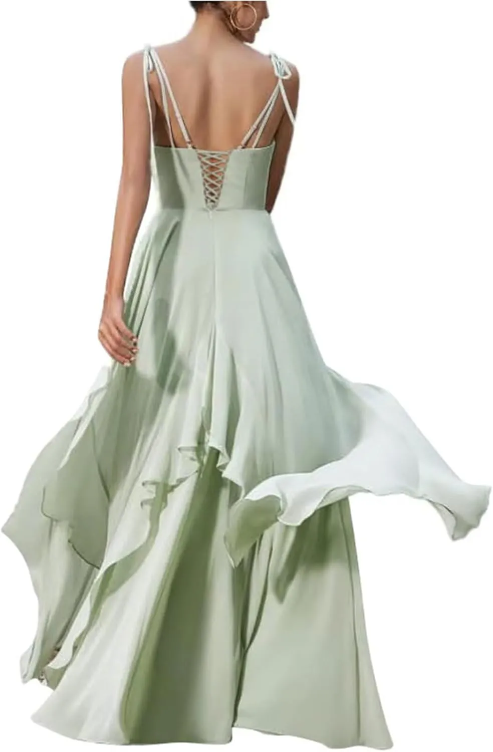 Long Puffy Tiered A Line Bridesmaid Dresses for Women Adjustable Straps Chiffon Formal Evening Party Gowns