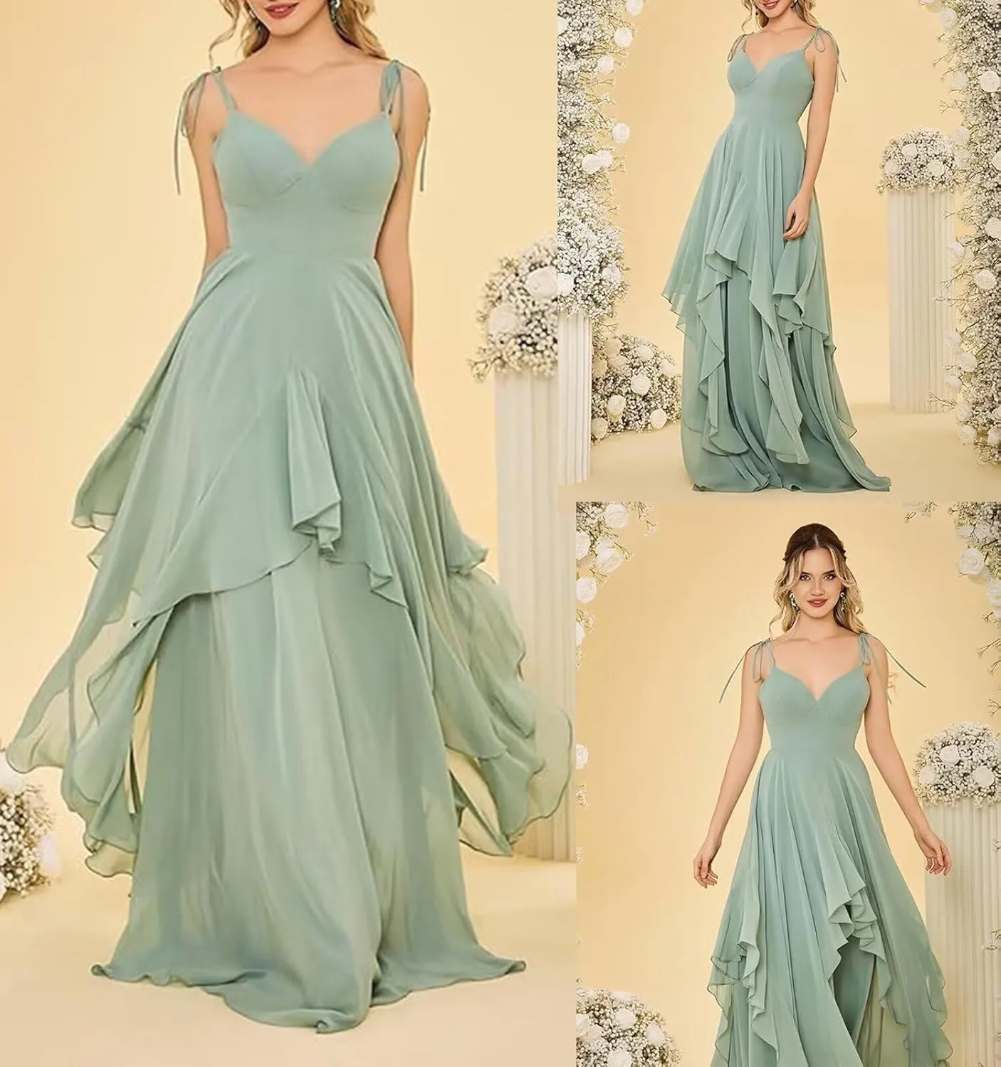 Long Puffy Tiered A Line Bridesmaid Dresses for Women Adjustable Straps Chiffon Formal Evening Party Gowns