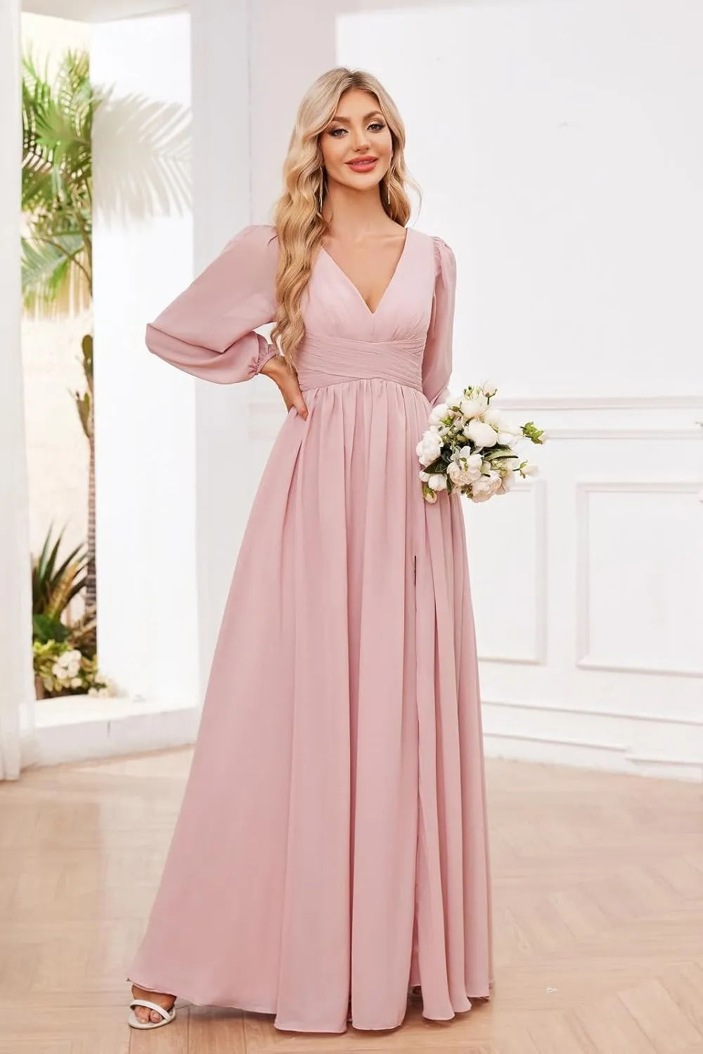 Long Sleeve Bridesmaid Dresses for Women Chiffon V Neck Ruched A Line Formal Evening Dress with Slit