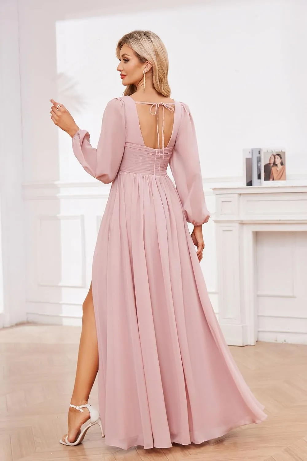 Long Sleeve Bridesmaid Dresses for Women Chiffon V Neck Ruched A Line Formal Evening Dress with Slit