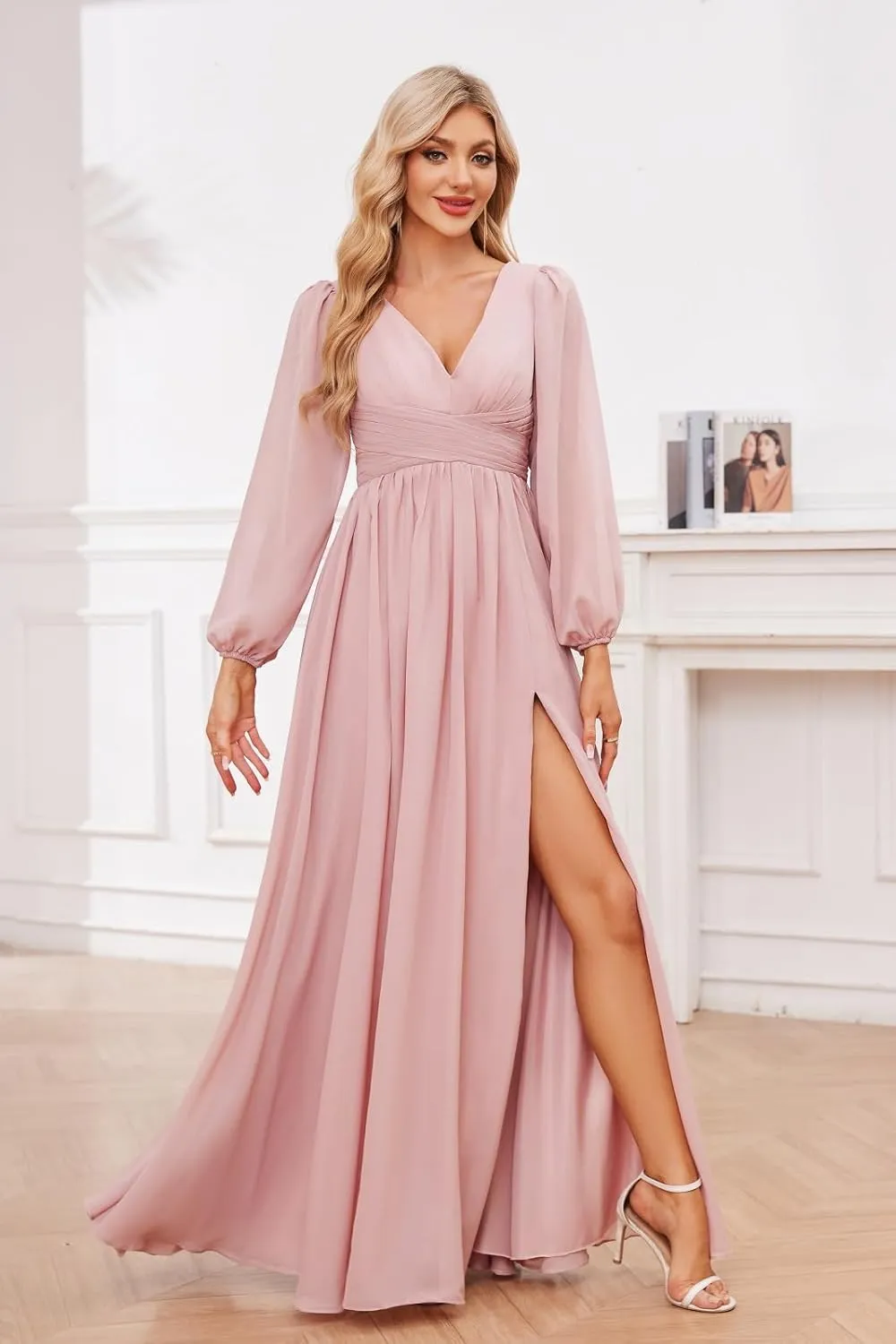 Long Sleeve Bridesmaid Dresses for Women Chiffon V Neck Ruched A Line Formal Evening Dress with Slit