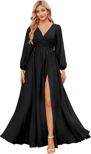 Long Sleeve Bridesmaid Dresses for Women Chiffon V Neck Ruched A Line Formal Evening Dress with Slit