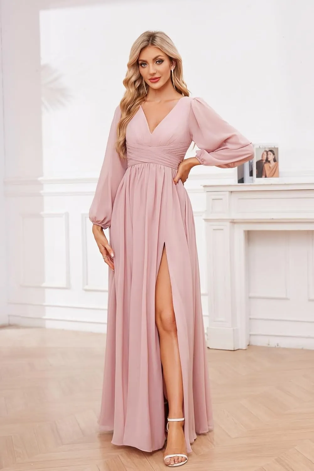 Long Sleeve Bridesmaid Dresses for Women Chiffon V Neck Ruched A Line Formal Evening Dress with Slit