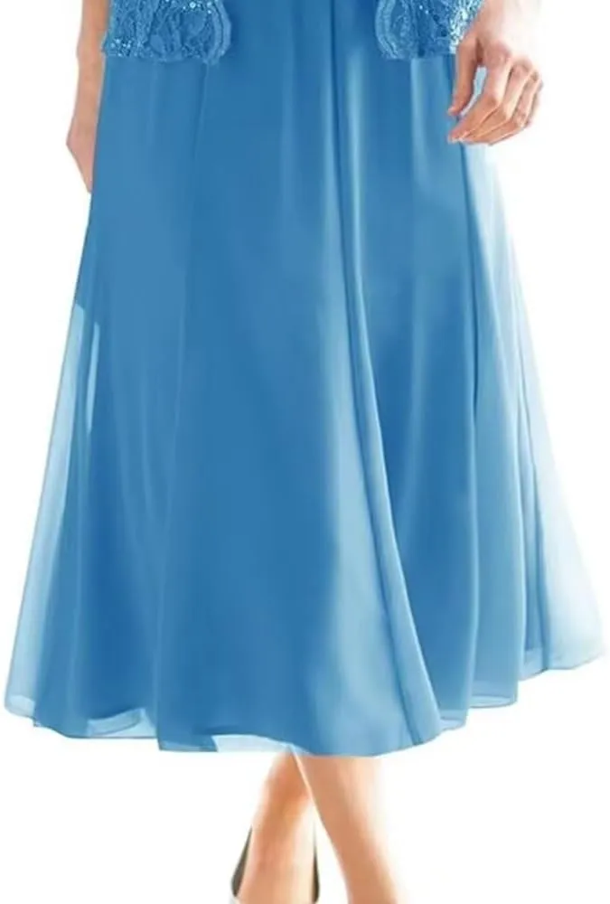 Long Sleeve Mother of The Bride Dresses for Wedding Tea Length Chiffon Lace Formal Evening Party Gowns with Jacket