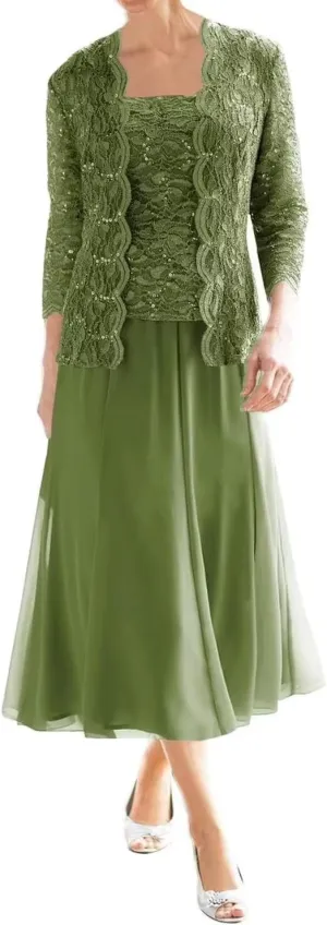 Long Sleeve Mother of The Bride Dresses for Wedding Tea Length Chiffon Lace Formal Evening Party Gowns with Jacket