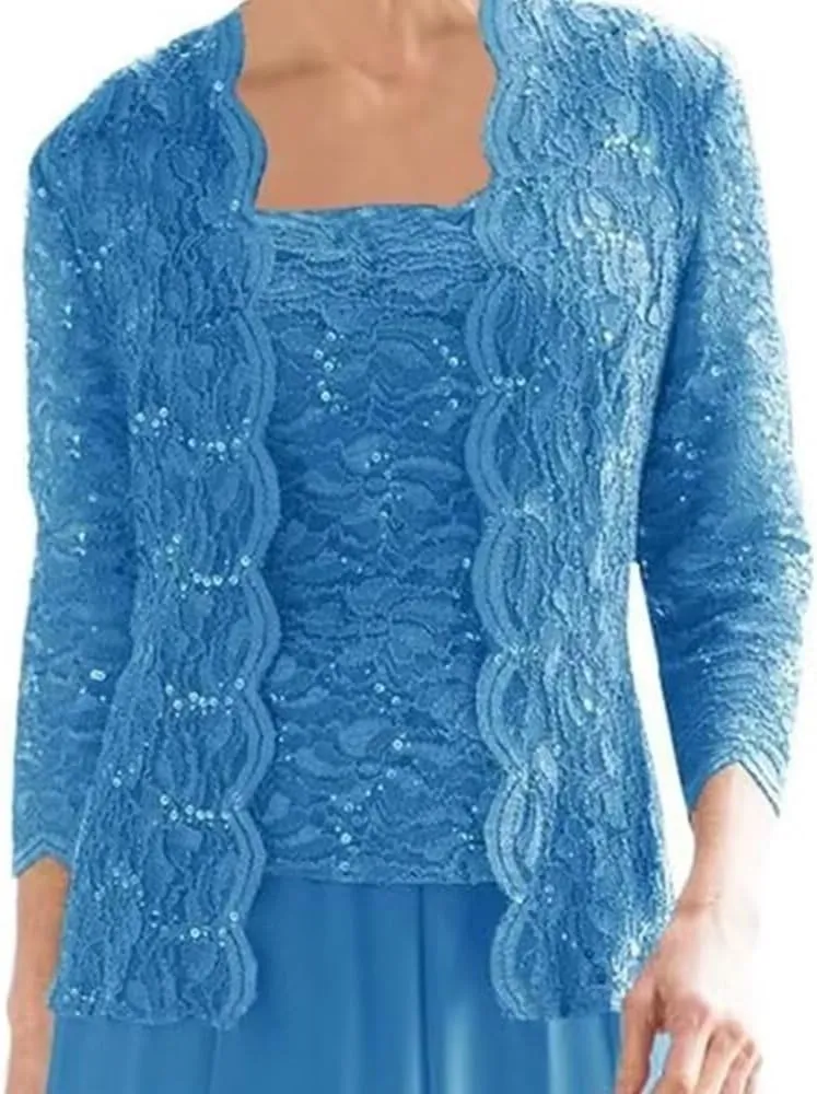 Long Sleeve Mother of The Bride Dresses for Wedding Tea Length Chiffon Lace Formal Evening Party Gowns with Jacket