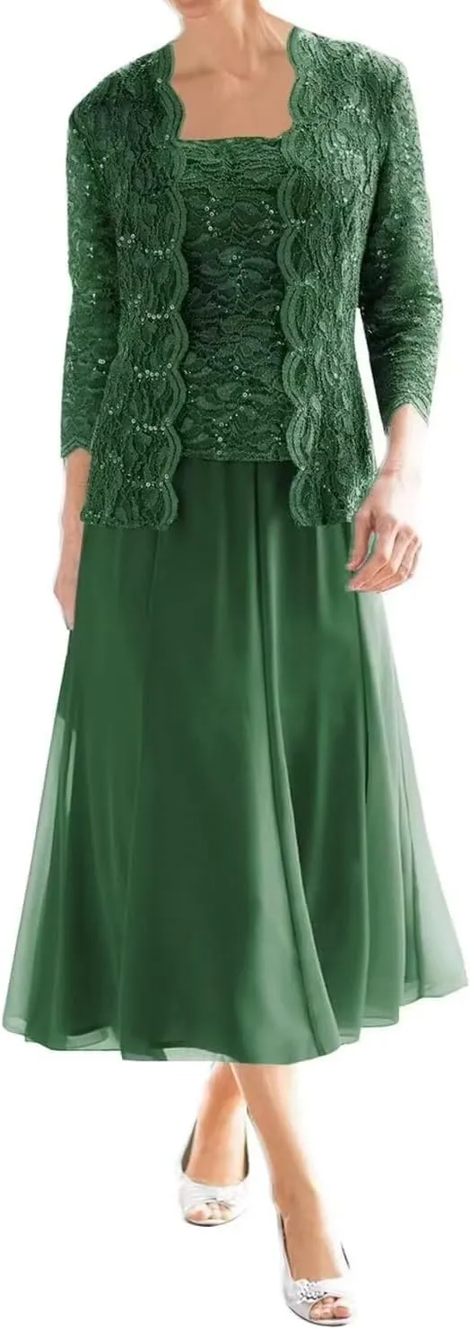 Long Sleeve Mother of The Bride Dresses for Wedding Tea Length Chiffon Lace Formal Evening Party Gowns with Jacket