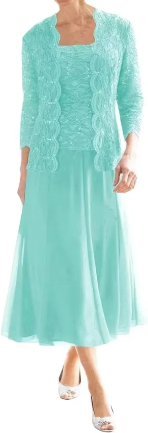 Long Sleeve Mother of The Bride Dresses for Wedding Tea Length Chiffon Lace Formal Evening Party Gowns with Jacket