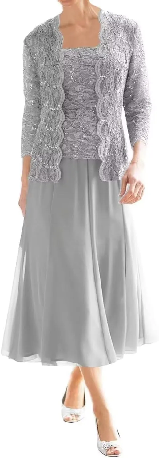 Long Sleeve Mother of The Bride Dresses for Wedding Tea Length Chiffon Lace Formal Evening Party Gowns with Jacket