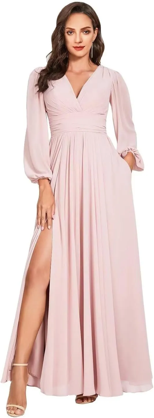 Long Sleeves Bridesmaid Dresses with Split V-Neck Chiffon Bridesmaid Dress for Wedding with Pockets