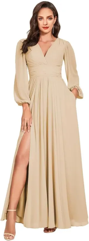 Long Sleeves Bridesmaid Dresses with Split V-Neck Chiffon Bridesmaid Dress for Wedding with Pockets