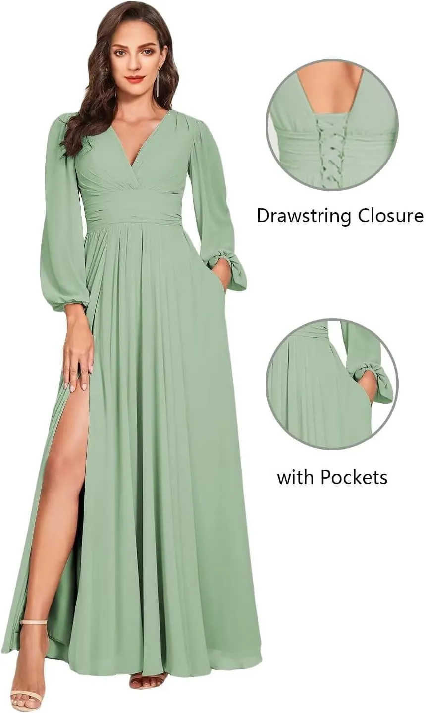 Long Sleeves Bridesmaid Dresses with Split V-Neck Chiffon Bridesmaid Dress for Wedding with Pockets
