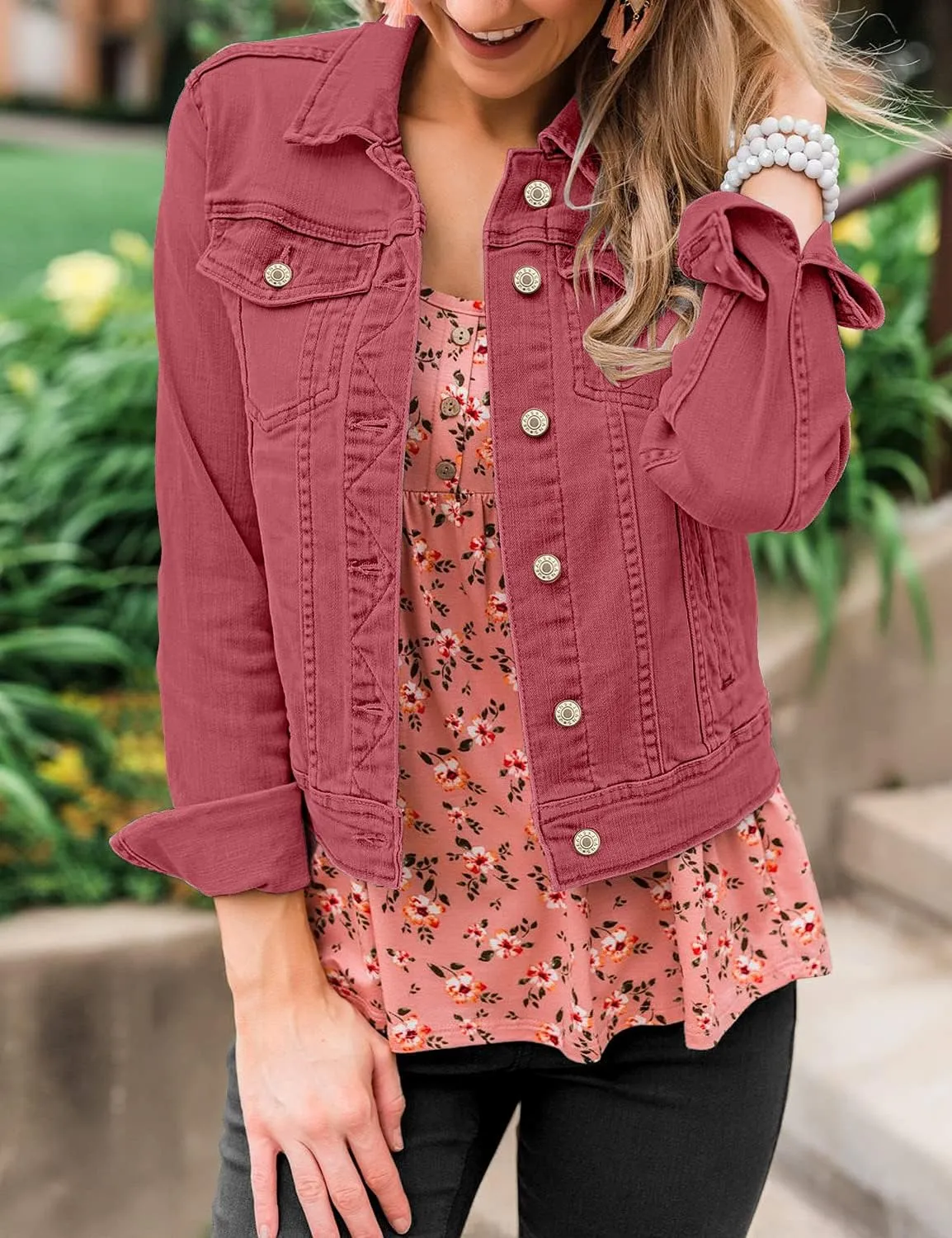 LookbookStore Women's Basic Long Sleeves Button Down Fitted Denim Jean Jackets