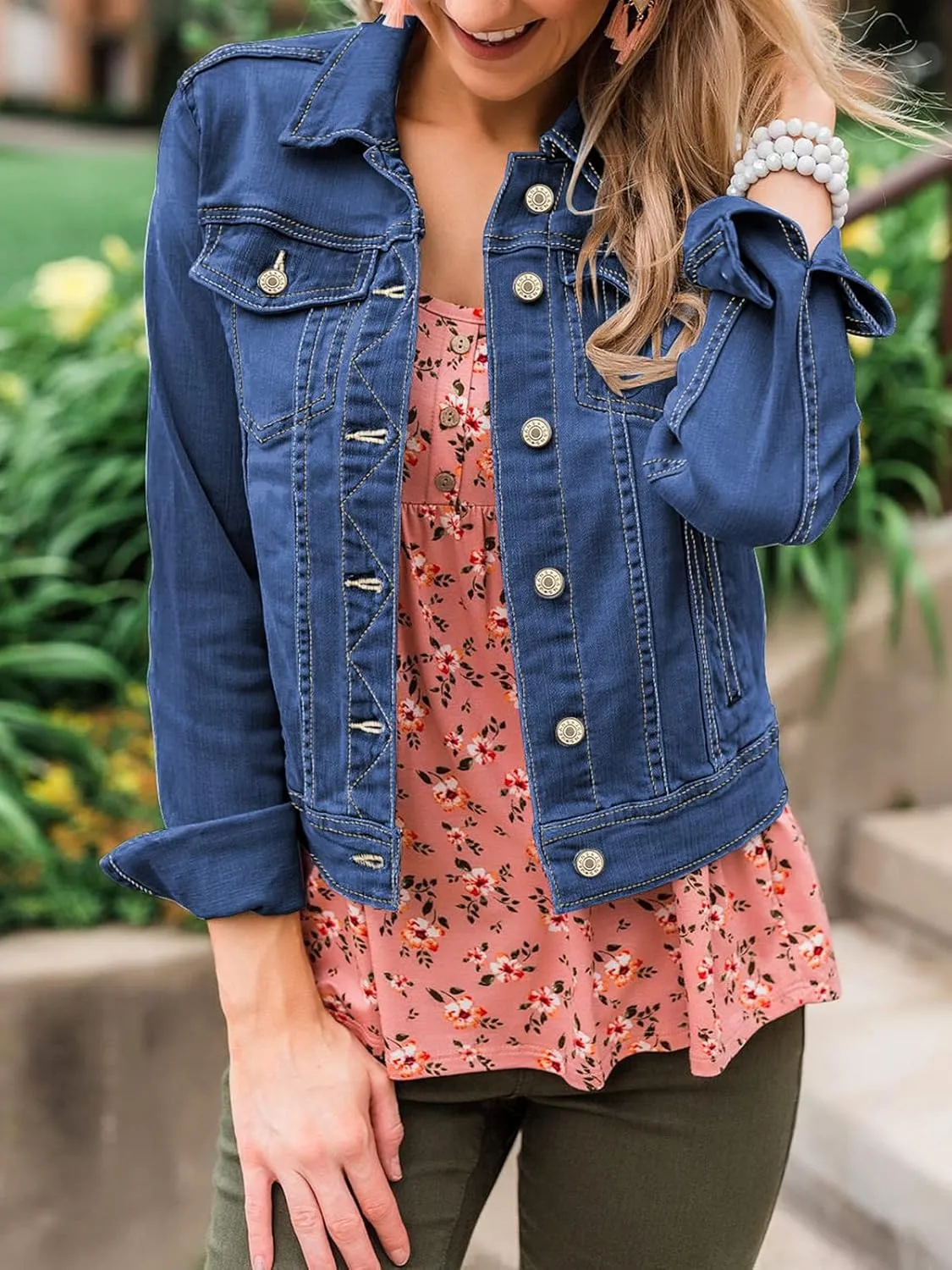 luvamia Women's Basic Button Down Stretch Fitted Long Sleeves Denim Jean Jacket