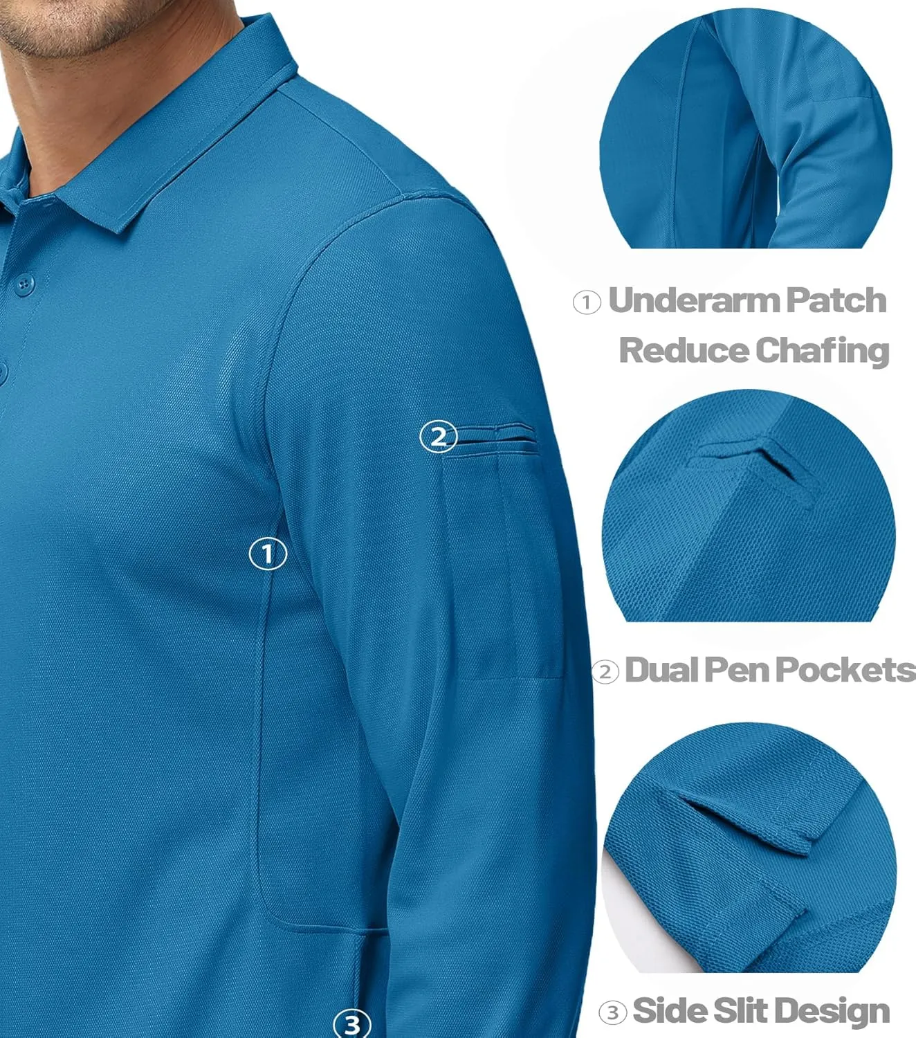 MAGCOMSEN Men's Polo Shirts 3 Button Quick Dry Performance Long Sleeve Tactical Shirts Pique Jersey Golf Shirt