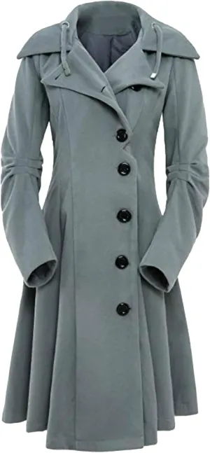 Maiyifu-GJ Womens Single Breasted Hooded Trench Coat Long Sleeve Wool Blend Dress Coats Fall Winter Mid Long Overcoat