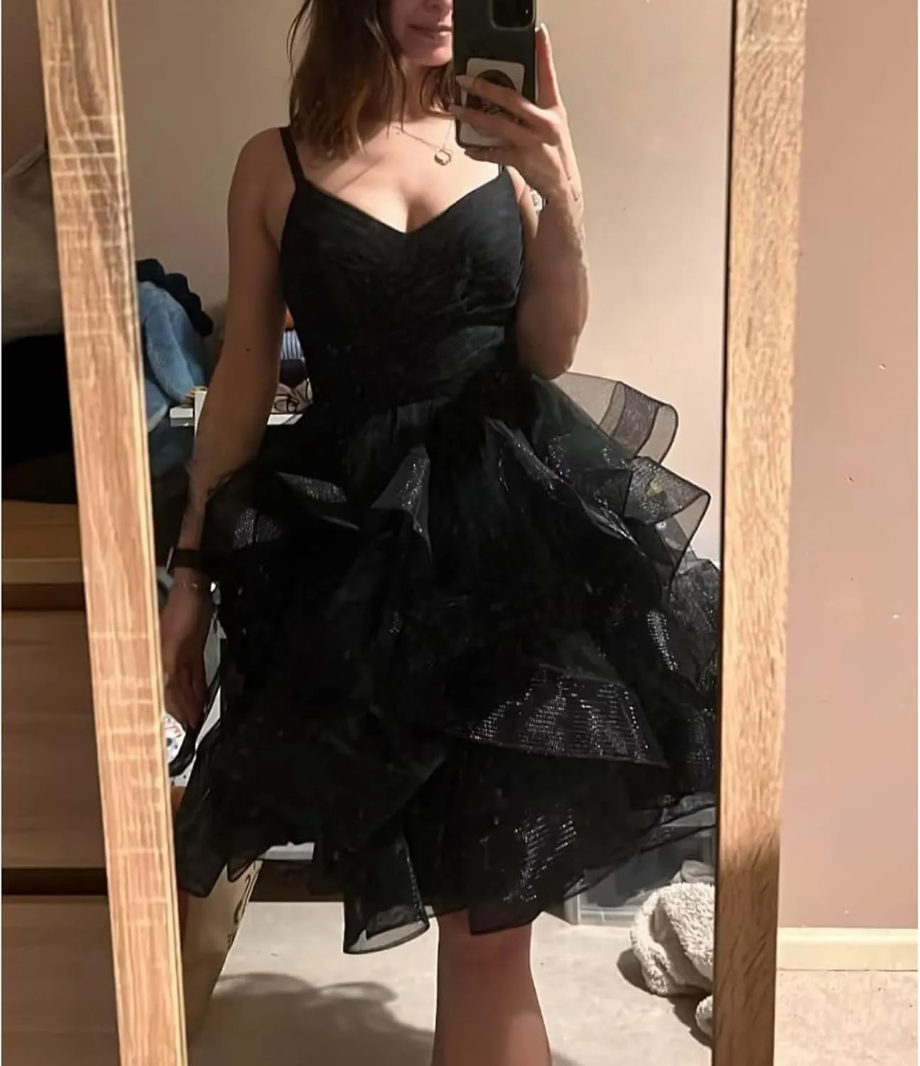 ManDu Glitter Tulle Homecoming Dresses for Teens Spaghetti Straps Short Prom Dresses Ruffle Puffy Mini Cocktail Dresses